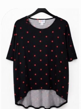 LuLaRoe Irma Top Medium Black Red Polka Dot High Low Tunic Stretch